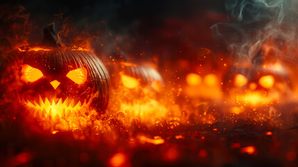 Wall Mural - Creepy background with burning pumpkins for Halloween. A group of scary pumpkins, illuminated in a dark setting, with smoke and fire in the background