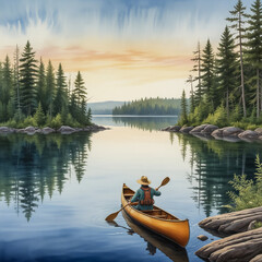 Wall Mural - Watercolor illustration of the Boundary Waters Canoe Area Wilderness (BWCAW), capturing the pristine beauty and solitude of this vast natural landscape