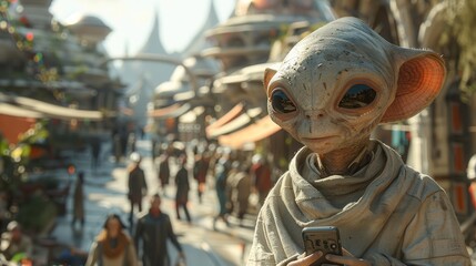 extraterrestrial family adventures: aliens exploring human city with curiosity and wonder, urban int