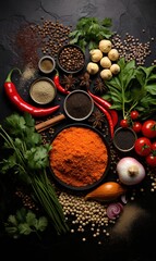 Canvas Print - Food background on black stone table with vegetables, herbs and spices