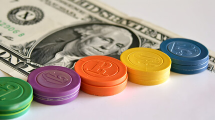 Dollar with game chips of various colors in a row.