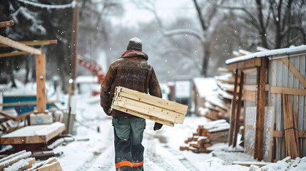 Carpenter carrying wood on the job site in winter