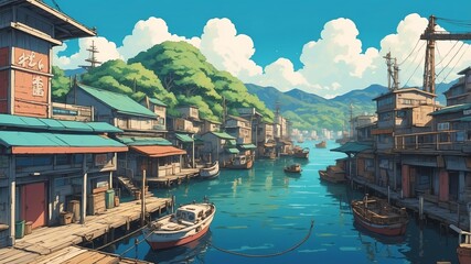 Wall Mural - retro style anime harbor illustration for background