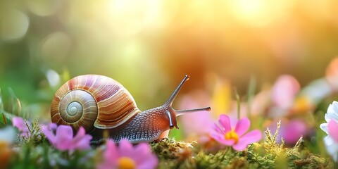 Macro close-up snail in forest on blurred defocused background with copy space for text