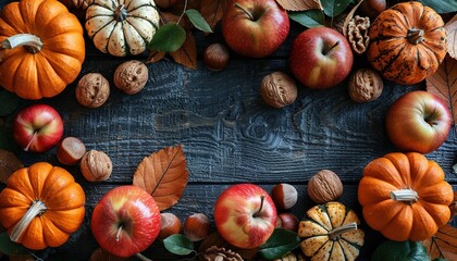 Poster - Autumn harvest of pumpkins, apples, nuts on a wooden background