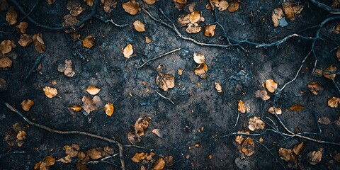 Poster - Aerial view of a forest floor with fallen branches and leaves.