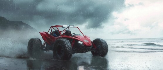 A cool off-road buggy drives fast along the beach during heavy rain and wind, splashing water and mud everywhere