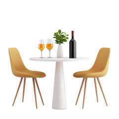 Modern dining table set with two yellow chairs, wine glasses, and a bottle of wine on a white background.