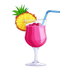 Canvas Print - Refreshing pink cocktail in a hurricane glass with ice, pineapple, and a straw on a transparent background.