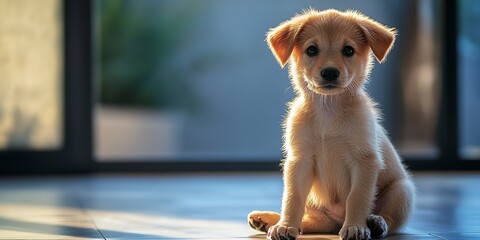 Poster - A puppy is sitting on the floor looking at the camera. 