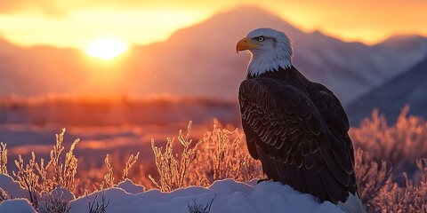 Poster - Bald eagle rest in wilderness lands with snow mountain at sunrise in winter.