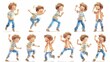 © Teerasak - A series of full-body watercolor illustrations of a 7-year-old boy, depicted in different poses such as waving, running, and playing, with expressive facial features that convey emotions like