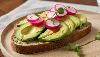 Sticker -  Fresh and healthy avocado toast with radish and cilantro garnish