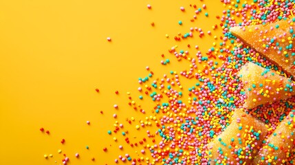 Wall Mural - multicolored sugar sprinkles of different shapes for decorating glazed pastries on yellow and orange background