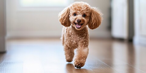 Sticker - A brown poodle walks across a hardwood floor with a smile