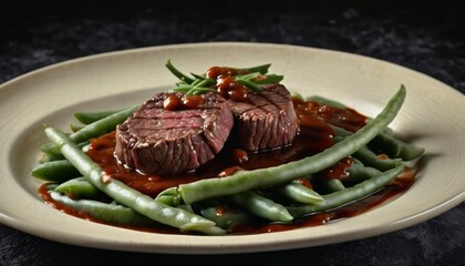  Deliciously cooked steak with green beans and sauce ready to be savored