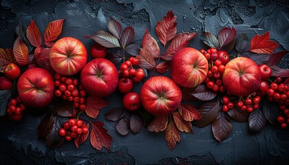 Canvas Print - Apples, wild cherry-plums, red berries and beautiful autumn flowers 