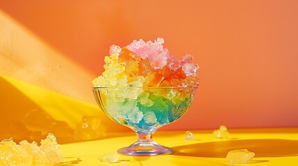 Wall Mural - Rainbow shaving ice in glass dessert bowl on yellow and orange background