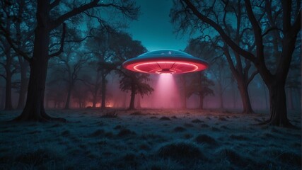 Poster - A spaceship hovers above a forest at night. AI.