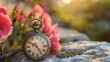 © florynstudio3 - An antique pocket watch with roman numerals lies on a rock amongst delicate pink flowers, with a blurred background of sunlight and greenery.
