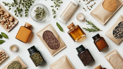 Close-up of cosmetic items and herbal pouches on a white background