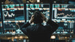 © Melvin - A financial professional in a black suit holds their head in their hands, standing in a stock exchange