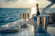 © Deeko NKS - Champagne bottle in ice bucket with champagne glass for serving to passenger tourist on luxury catamaran boat sailing in the ocean at summer sunset.