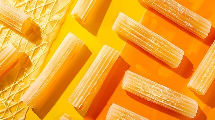 Wall Mural - Tasty wafer rolls with condensed milk on yellow and orange background