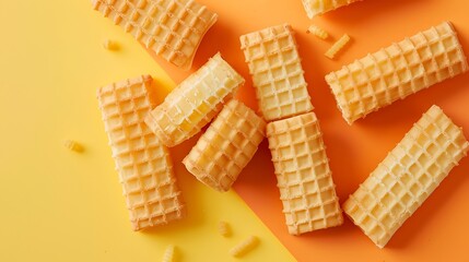 Wall Mural - Tasty wafer rolls with condensed milk on yellow and orange background