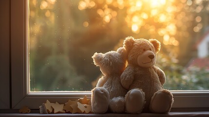 Three toy bears mother father and child sitting on brown window sill hugging each other and looking out of window against sunlight back view