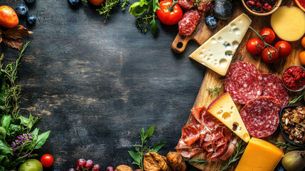 Sliced gourmet meat, cheese, vegetables and fruits on wooden board