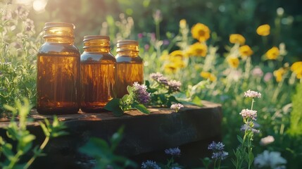 Detailed view of herbal medicine jars and fresh herbs, natural setting