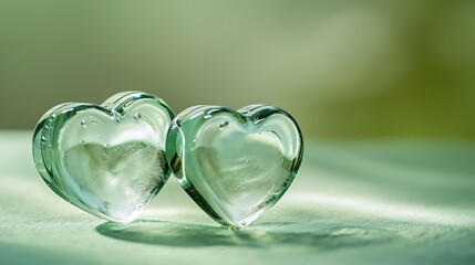 two small glass transparent hearts on soft green background