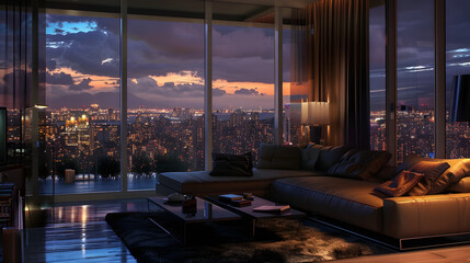 Photorealistic interior of a modern living room with a large window and a city view at night