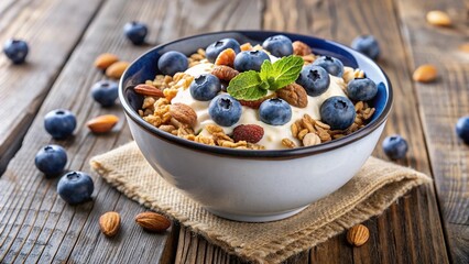 A bowl of healthy muesli with fresh blueberries, nuts, and yogurt, diet, delicious, blueberries, meal, balanced, tasty, food, snack, organic, muesli, oats, nuts, yogurt, morning, granola