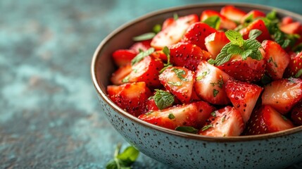 Wall Mural - Fresh strawberry salad in a bowl, close-up with vibrant colors