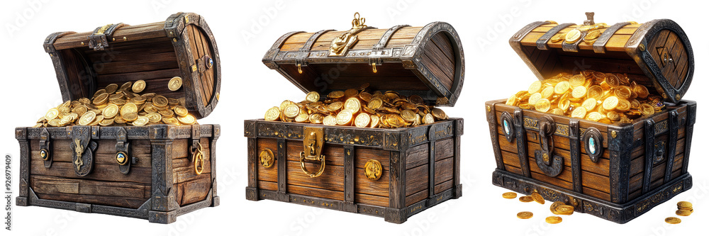 Wooden treasure chest filled with gold coins isolated on transparent ...