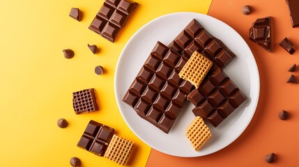 Wall Mural - wafers in chocolate on plate on yellow and orange background