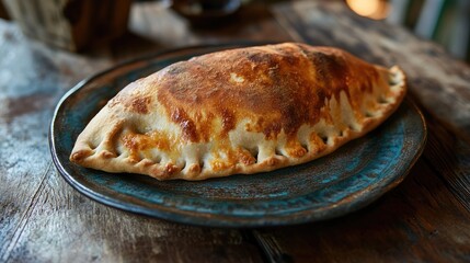 Sticker - A deliciously golden calzone fresh out of the oven, placed on a rustic plate, inviting you to indulge in its warm, savory goodness.