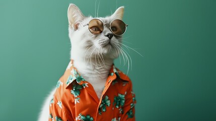 Wall Mural - White british cat sitting looking to the side wearing sunglasses orange shirt in summer concept on a green background