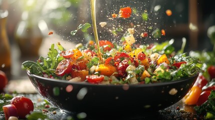 Vibrant vegetable salad with flying ingredients and oil, close-up