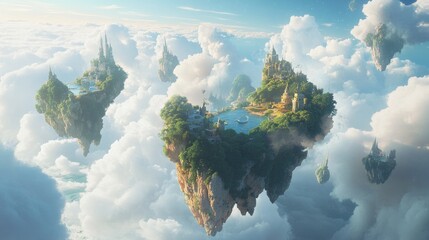 Wall Mural - A fantastical world with swirling clouds and floating islands, rendered in realistic detail, yet retaining a clean and minimalist aesthetic.