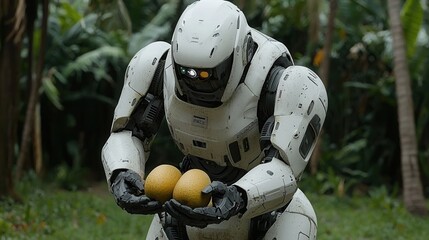 A futuristic robot carefully holding two yellow fruits in a lush, green outdoor setting, blending technology with nature.