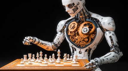 a humanoid robot with exposed gears plays chess, representing the intersection of artificial intelli
