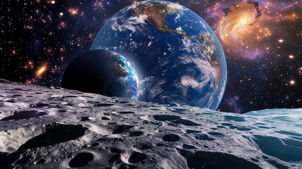 Wall Mural - a view of earth and another planet from the surface of the moon. the moon's surface is covered in cr