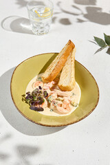 Sticker - Shrimps in Cream Sauce with Ciabatta Bread on a Sunny Terrace