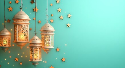 Wall Mural - Eid Mubarak and Ramadan Kareem greetings with an Islam crescent, lantern, mosque banner backdrop