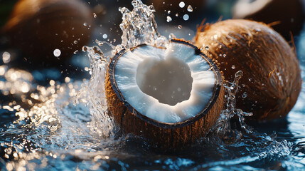 Wall Mural - Broken coconuts splashing in water