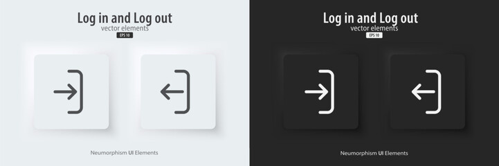 Login and logout icon. A set of black and white square buttons with symbols. 3D icon in trendy neumorphic style for apps and websites. UI UX elements. Vector illustration.