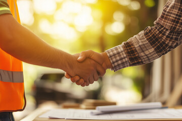 Construction worker and contractor concept, Client shaking hands with team builder in renovation site, Ai